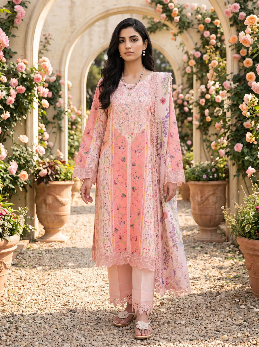Daisy Coral Printed Satin Stripe Lawn Suit with Silk Dupatta