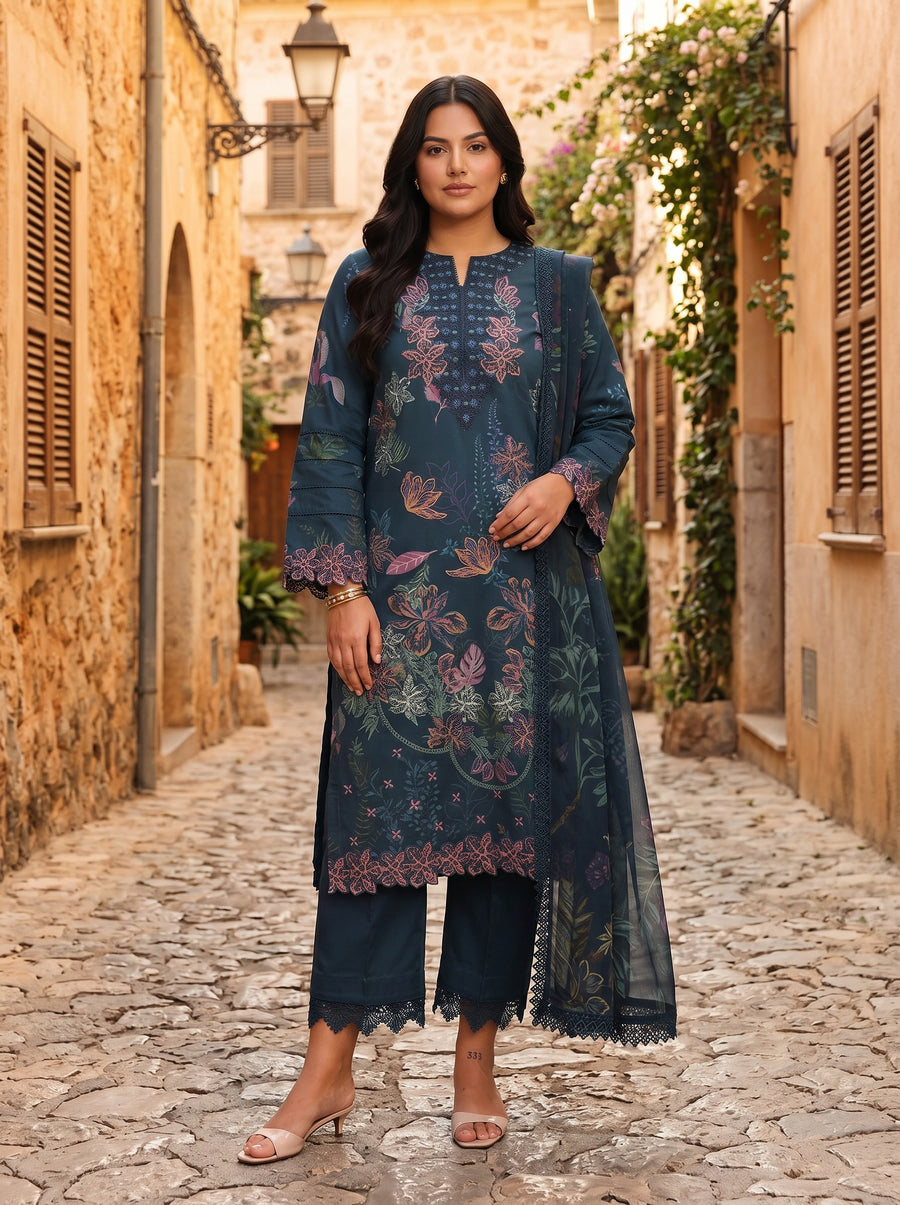 Eshal Deep Teal Printed Embroidered Lawn Suit with Chiffon Dupatta
