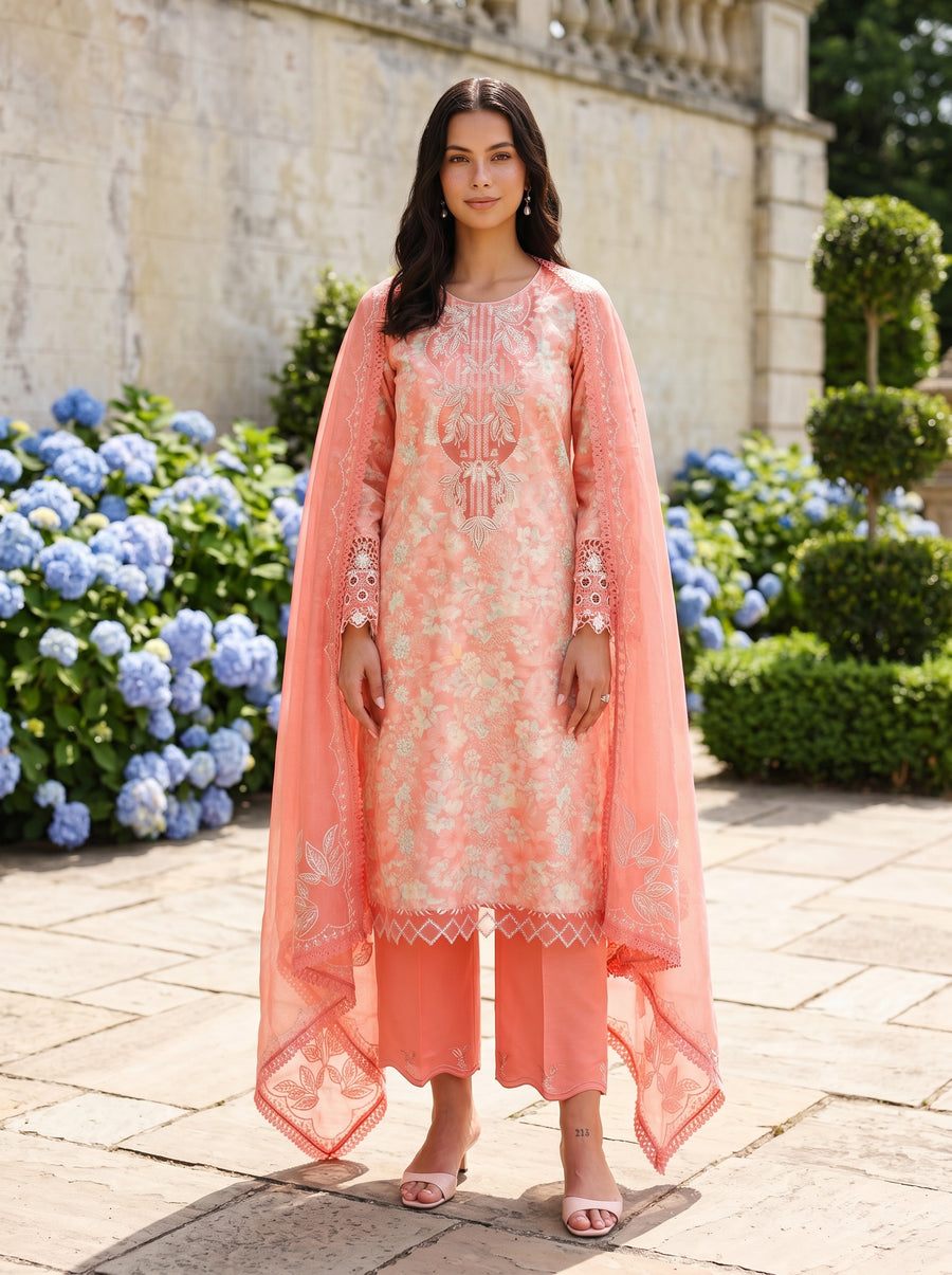 Safina Coral Printed Embroidered Lawn Suit with Embroidered Textured Dupatta