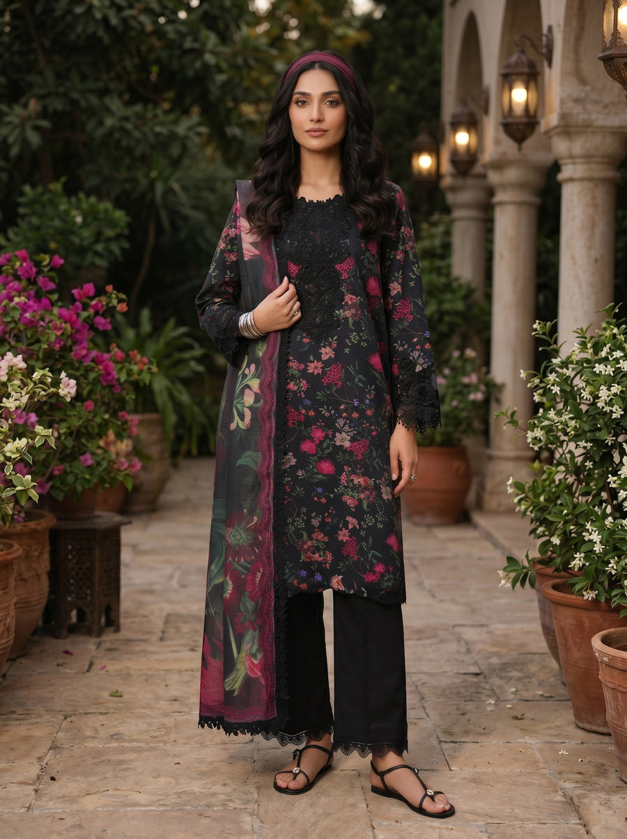 Midnight Black Printed Lawn Suit with Slub Dupatta