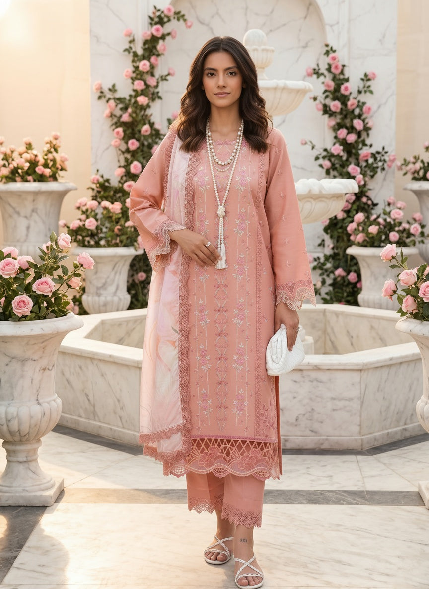 Aalen Dusty Peach Embroidered Lawn Suit with Tasser Silk Dupatta