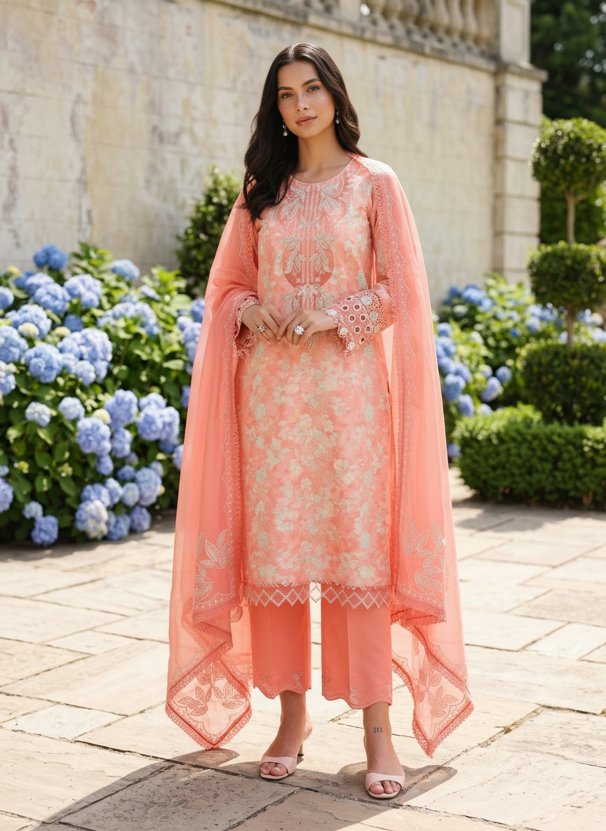 Safina Coral Printed Embroidered Lawn Suit with Embroidered Textured Dupatta