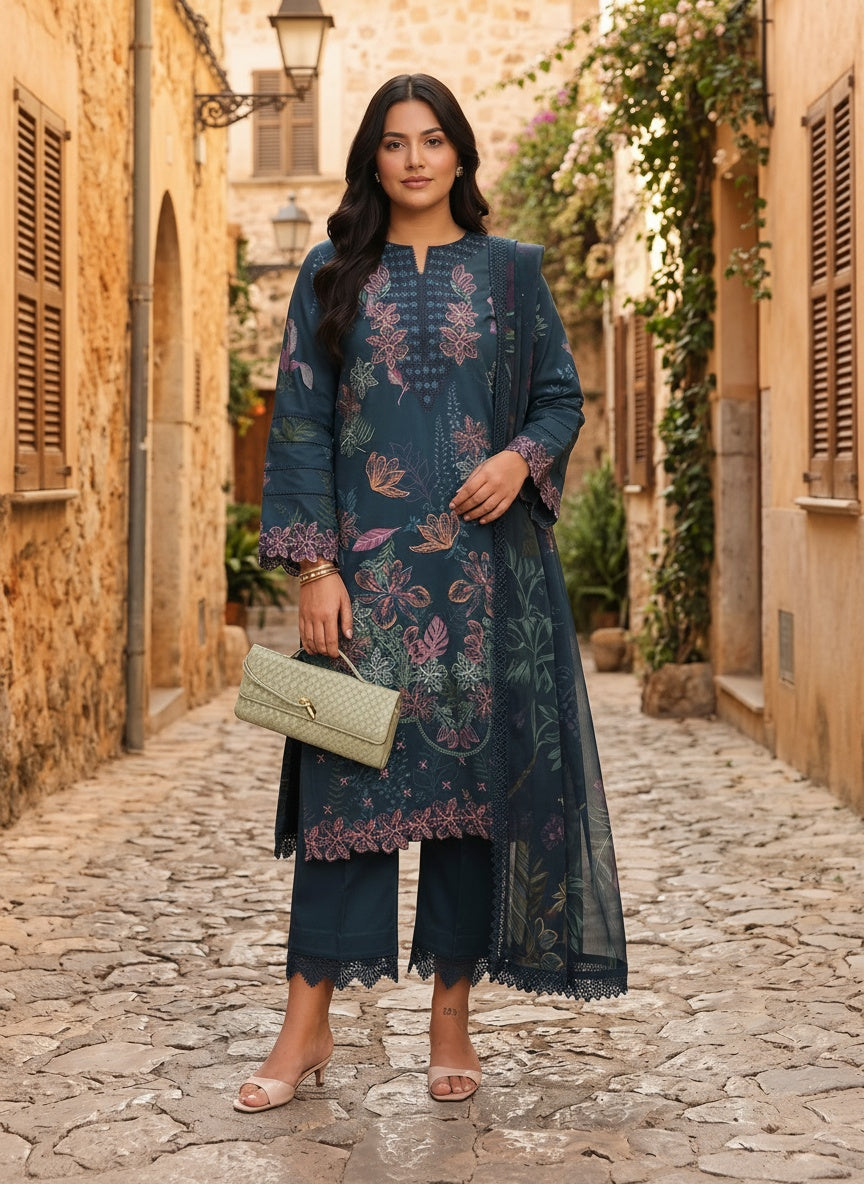 Eshal Deep Teal Printed Embroidered Lawn Suit with Chiffon Dupatta