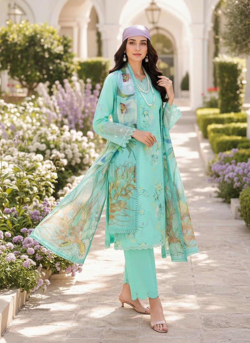 Sage Mint Printed Lawn Suit with Slub Dupatta