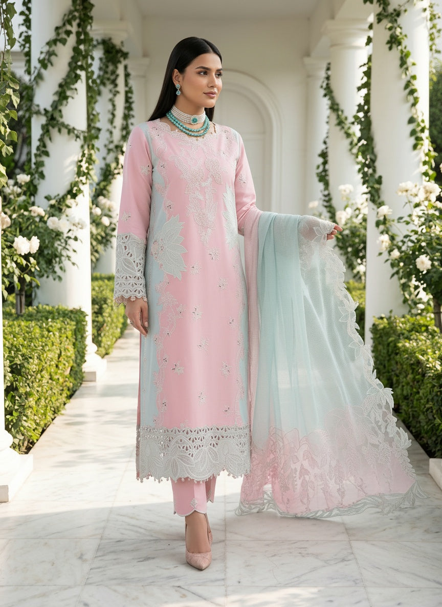 Mahsa Blush Pink Embroidered Lawn Suit with Textured Dupatta