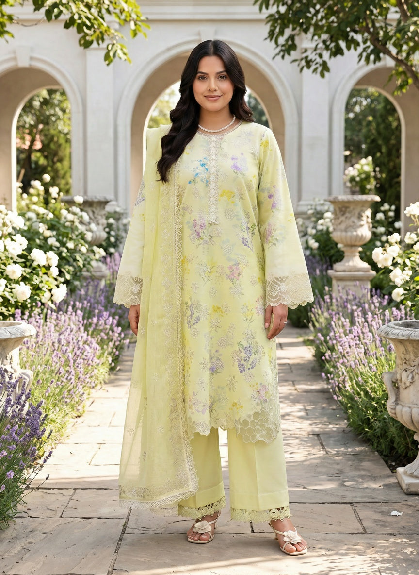 Misha Soft Lime Printed Embroidered Lawn Suit with Embroidered Dupatta