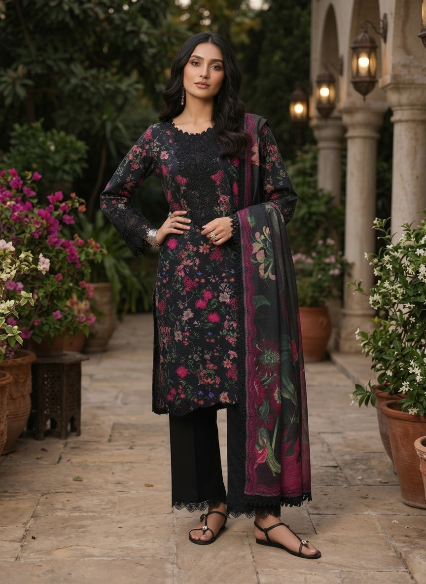 Midnight Black Printed Lawn Suit with Slub Dupatta