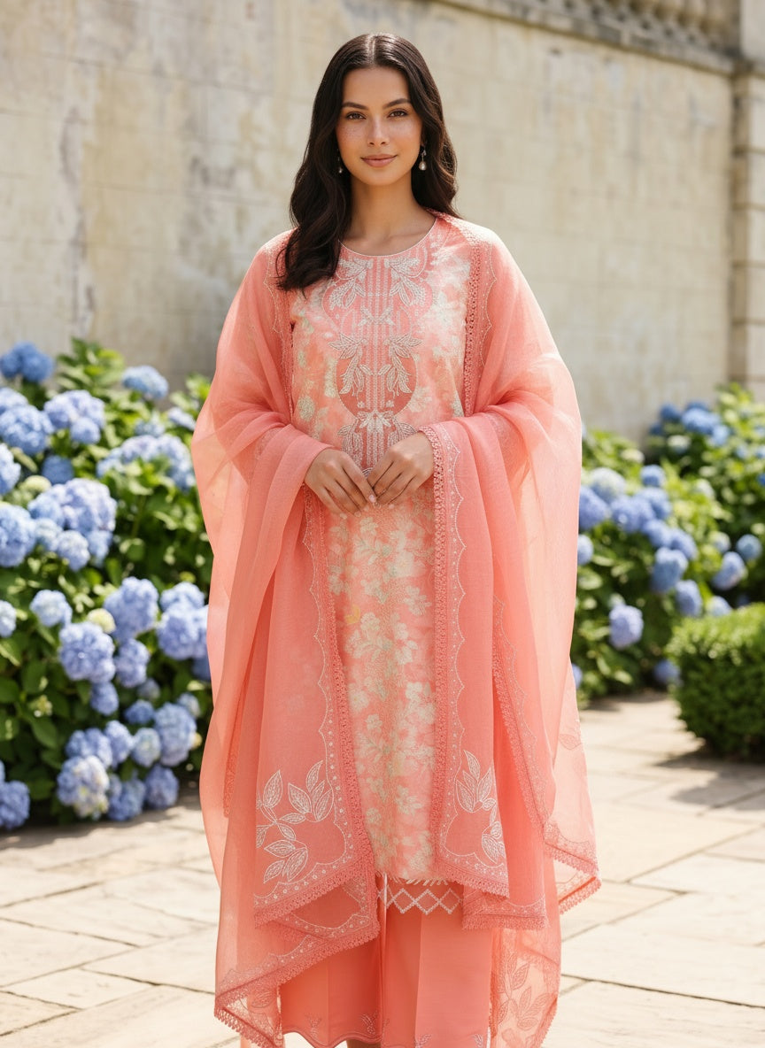 Safina Coral Printed Embroidered Lawn Suit with Embroidered Textured Dupatta