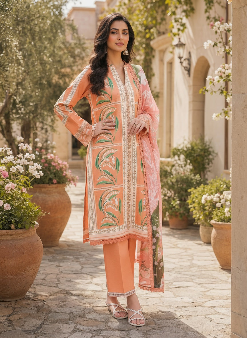 Mellow Peach Printed Lawn Suit with Silk Dupatta