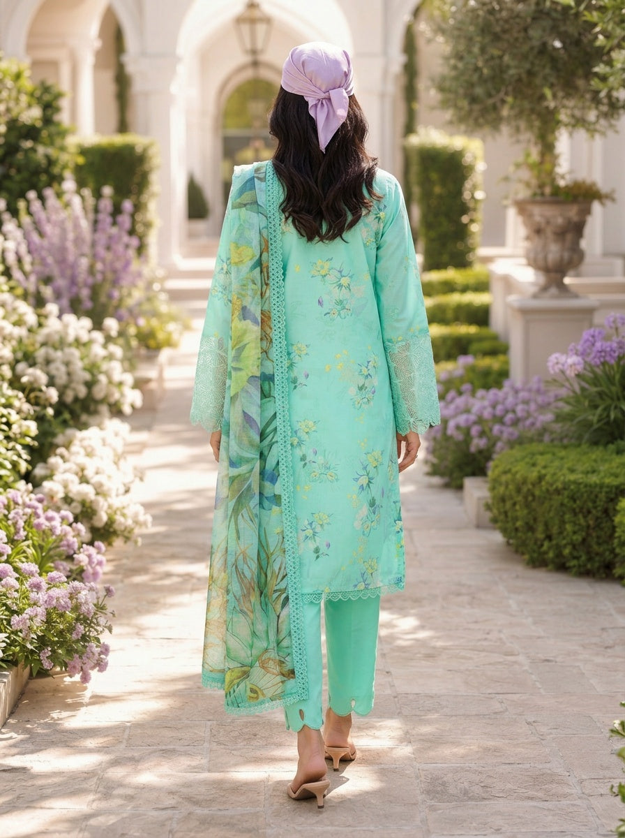 Sage Mint Printed Lawn Suit with Slub Dupatta