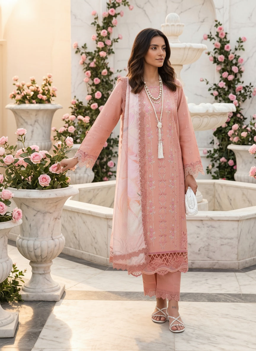 Aalen Dusty Peach Embroidered Lawn Suit with Tasser Silk Dupatta