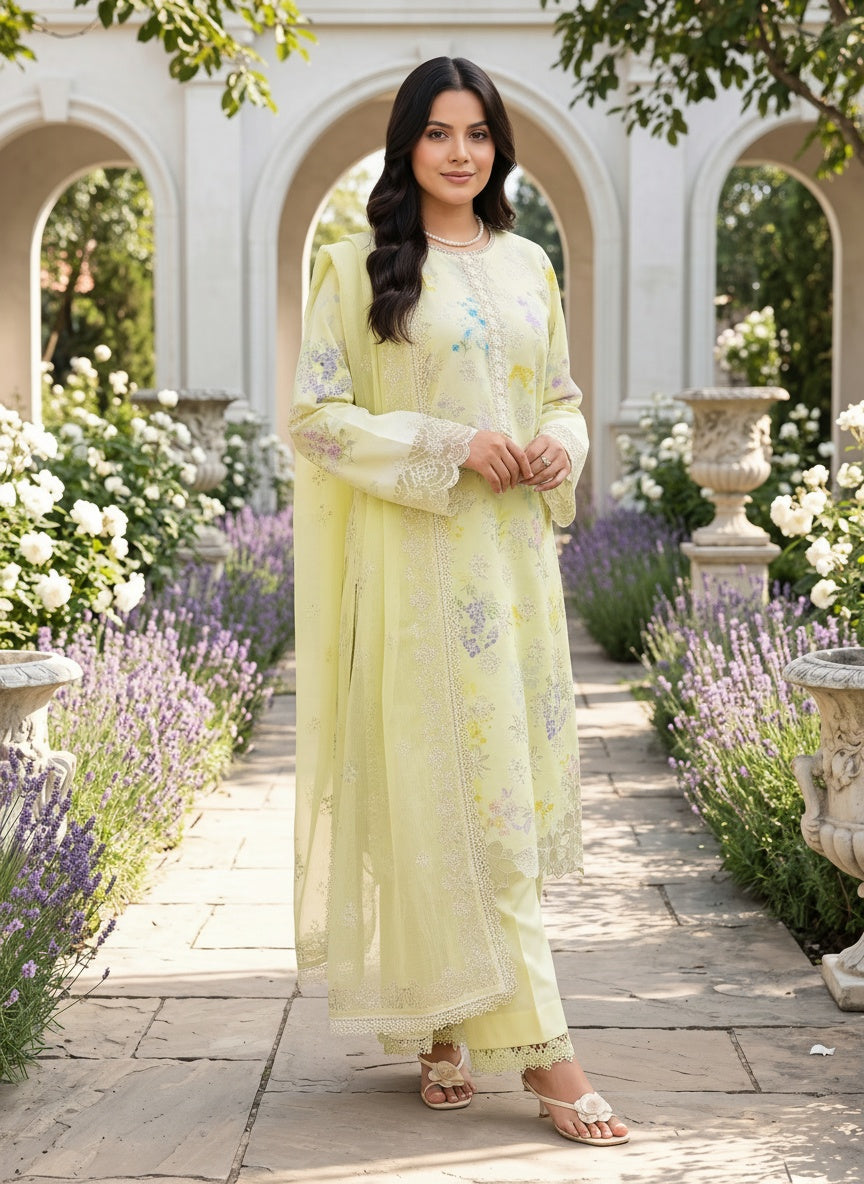 Misha Soft Lime Printed Embroidered Lawn Suit with Embroidered Dupatta