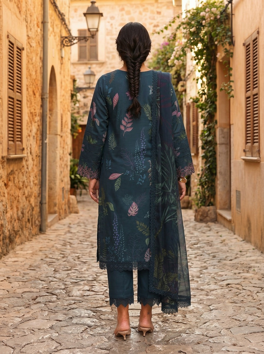 Eshal Deep Teal Printed Embroidered Lawn Suit with Chiffon Dupatta