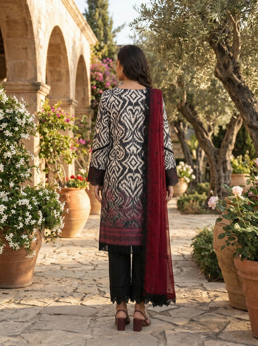 Peony Ivory & Black Printed Lawn Suit with Embroidered Chiffon Dupatta