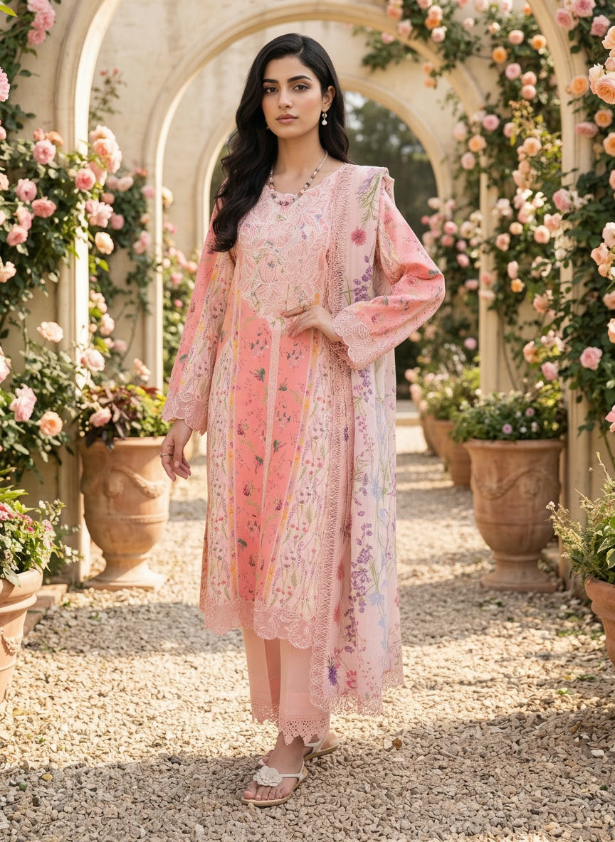 Daisy Coral Printed Satin Stripe Lawn Suit with Silk Dupatta