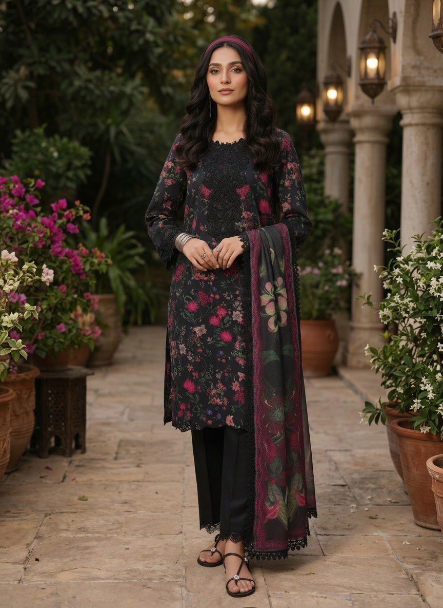Midnight Black Printed Lawn Suit with Slub Dupatta