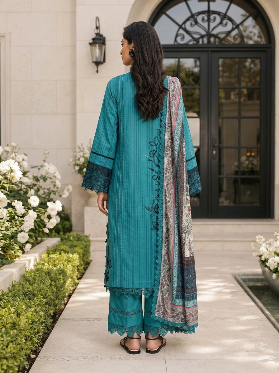 Rosemary Teal Printed Lawn Suit with Chiffon Dupatta