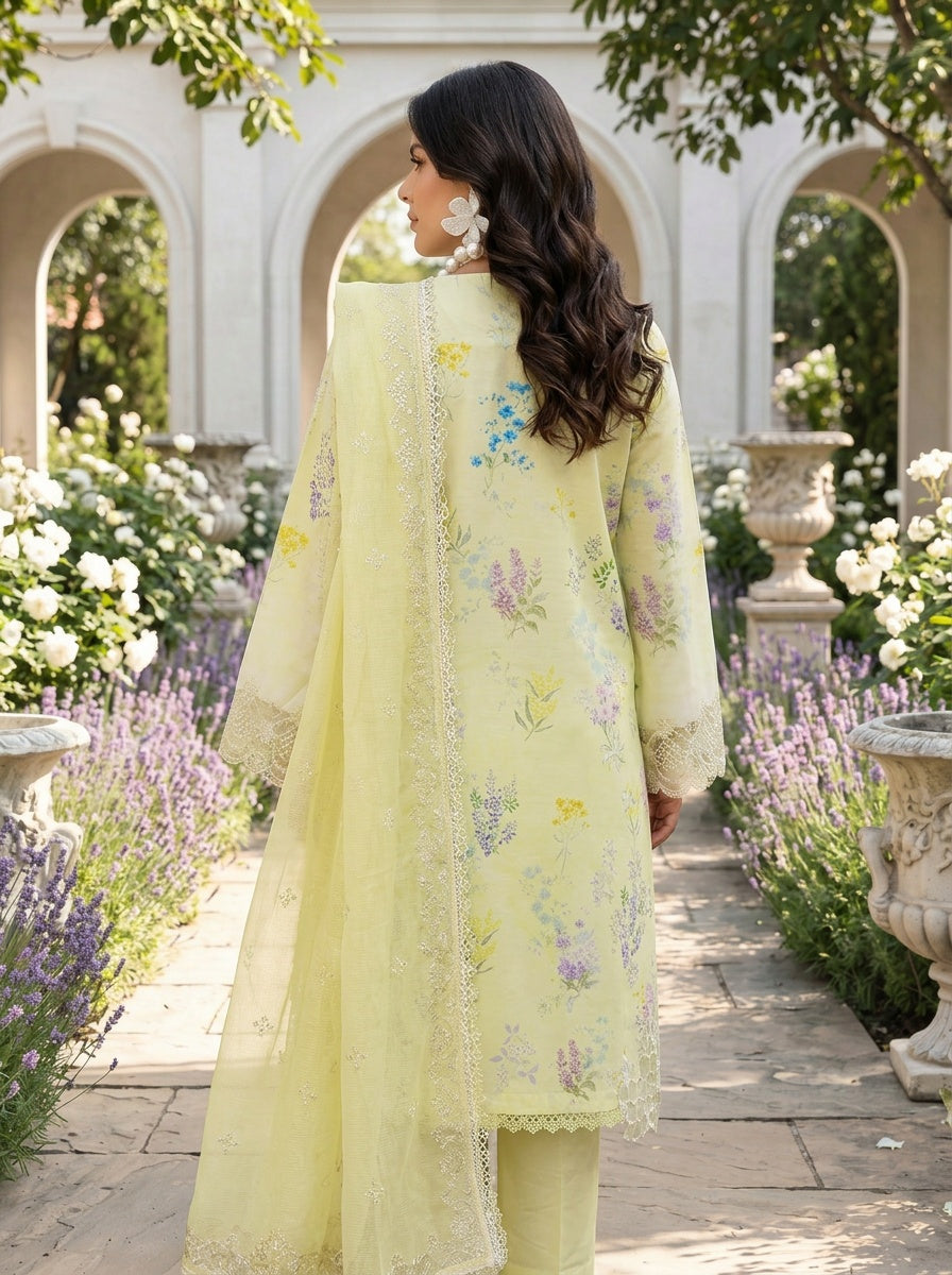 Misha Soft Lime Printed Embroidered Lawn Suit with Embroidered Dupatta