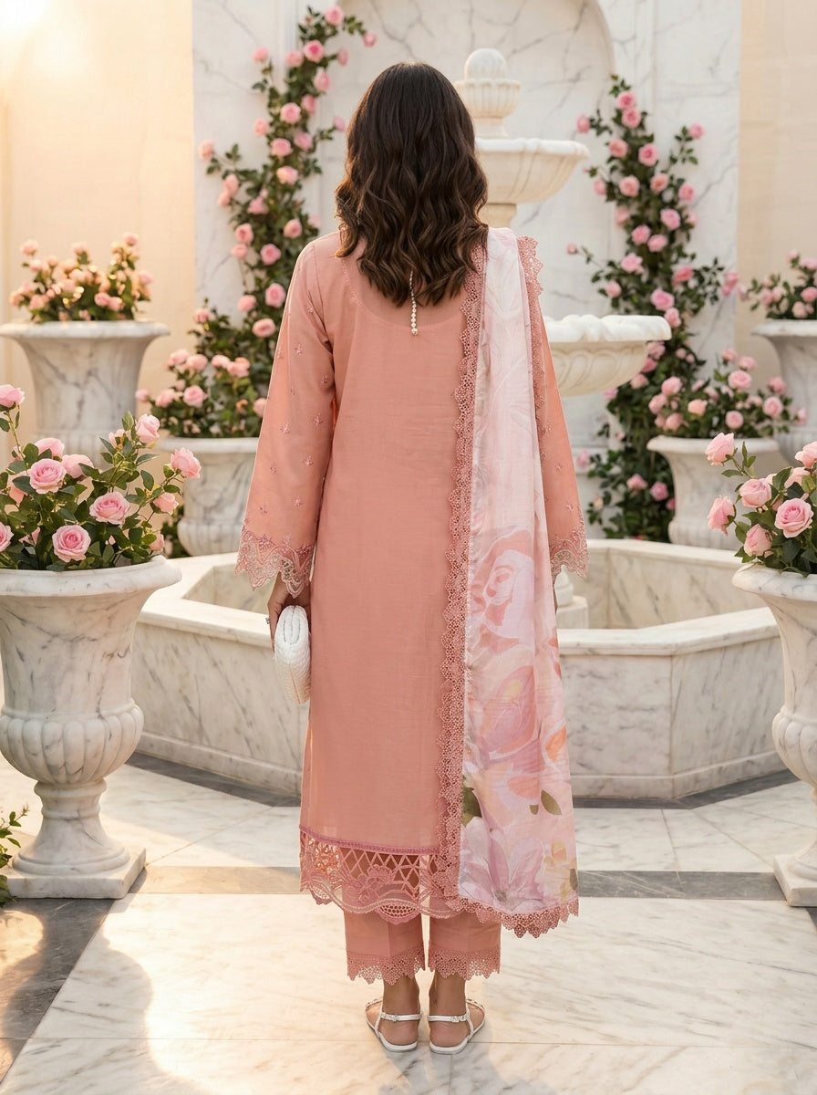 Aalen Dusty Peach Embroidered Lawn Suit with Tasser Silk Dupatta