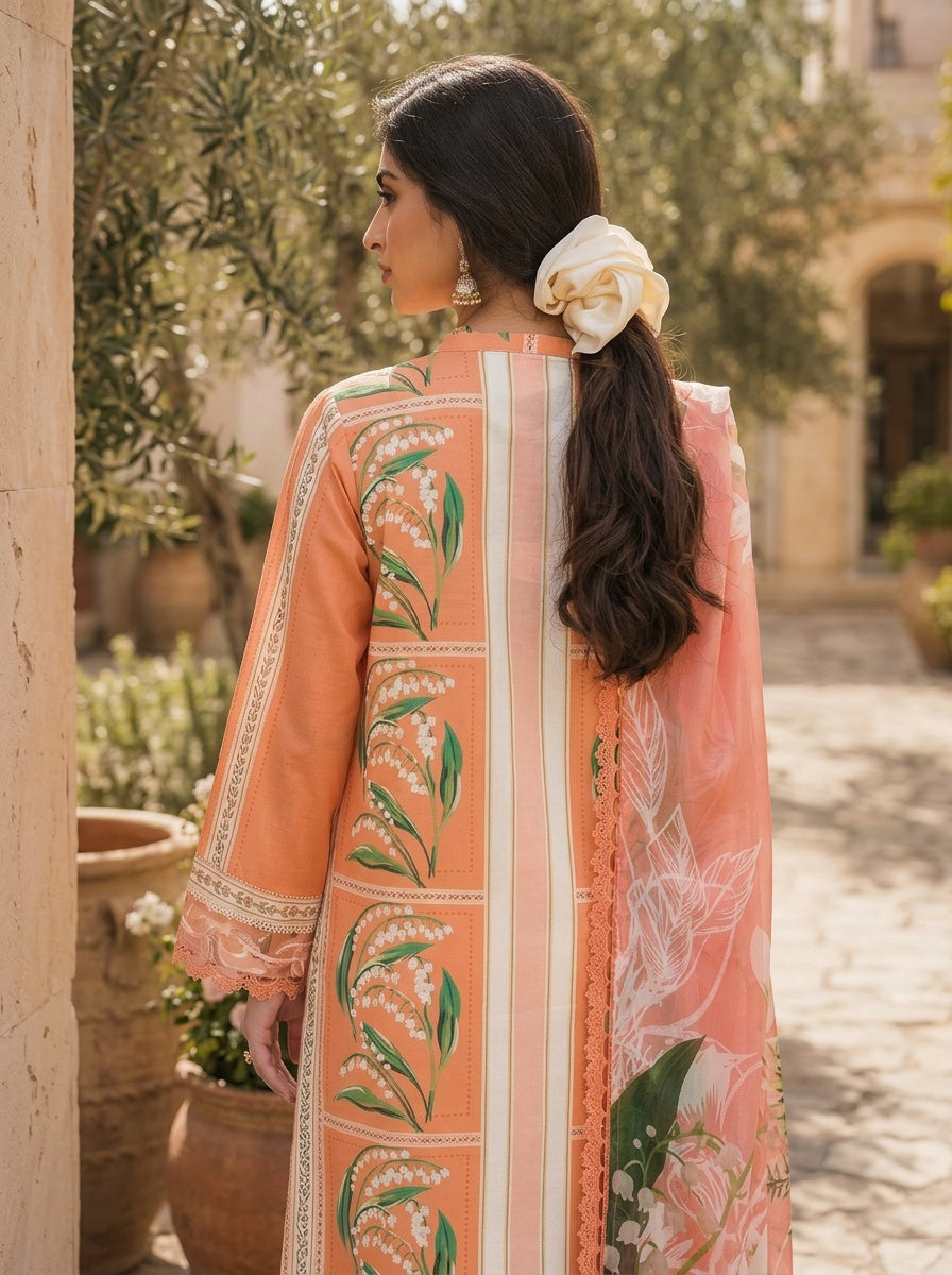 Mellow Peach Printed Lawn Suit with Silk Dupatta