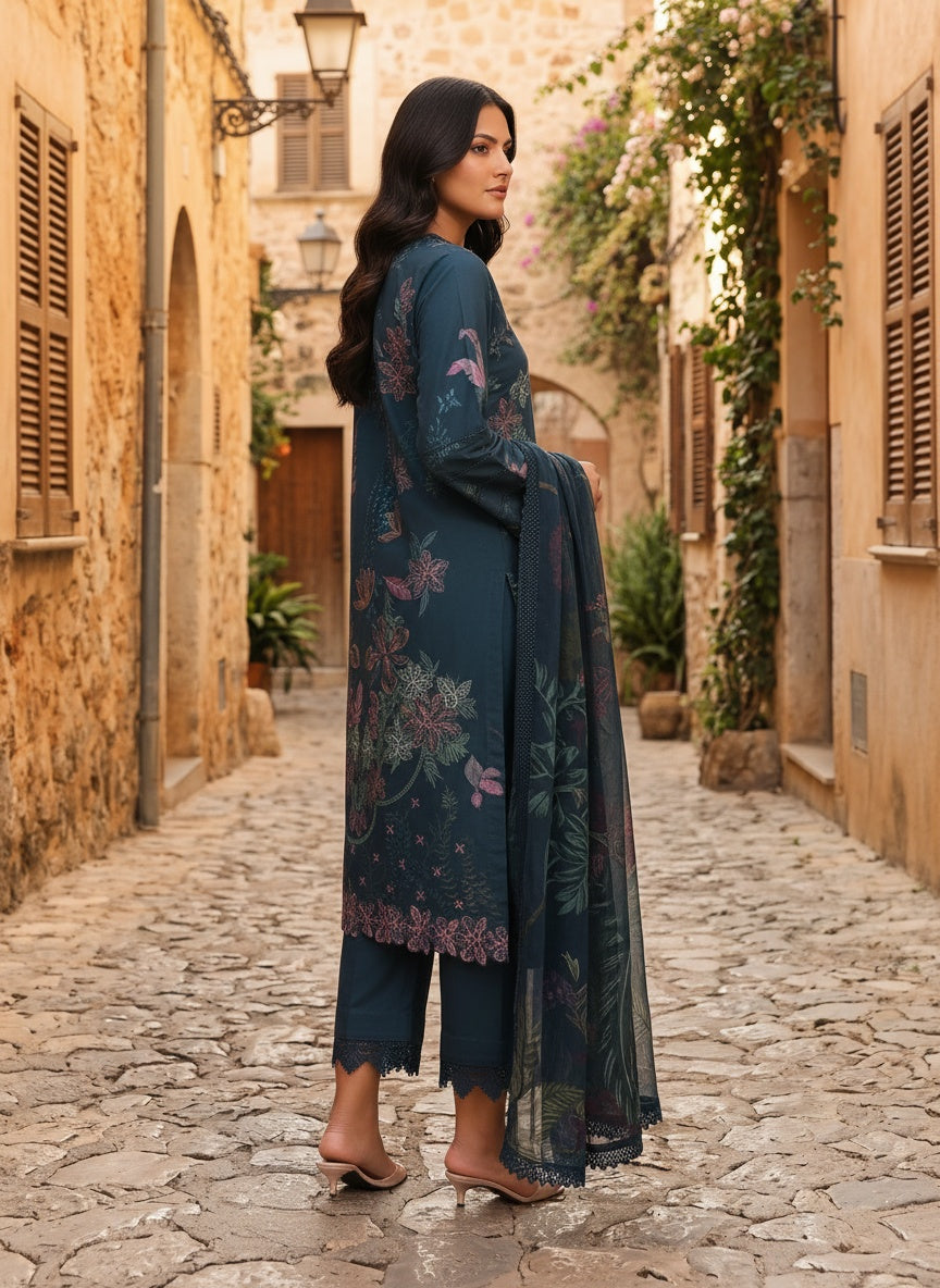 Eshal Deep Teal Printed Embroidered Lawn Suit with Chiffon Dupatta