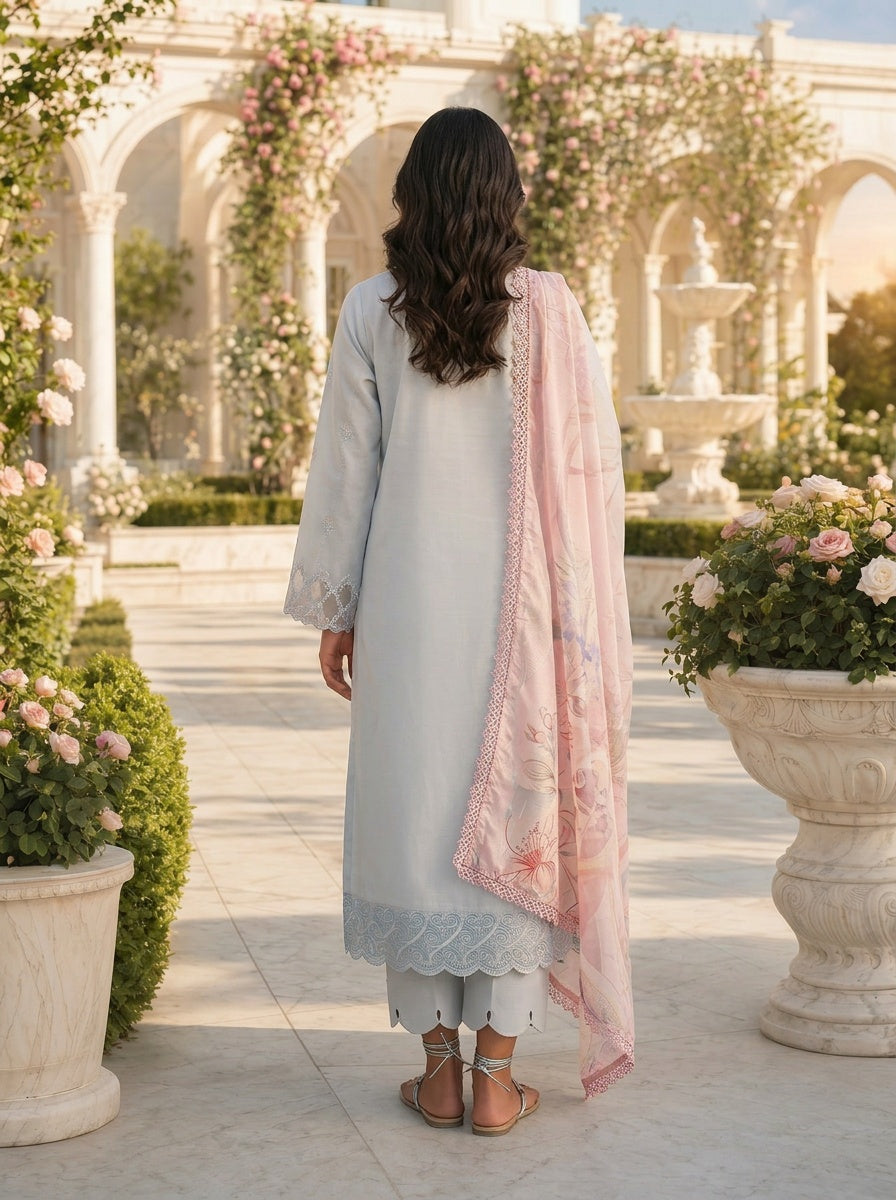 Celeste Powder Blue Embroidered Lawn Suit with Silk Dupatta