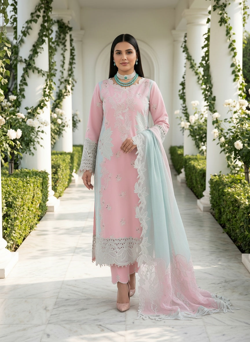 Mahsa Blush Pink Embroidered Lawn Suit with Textured Dupatta