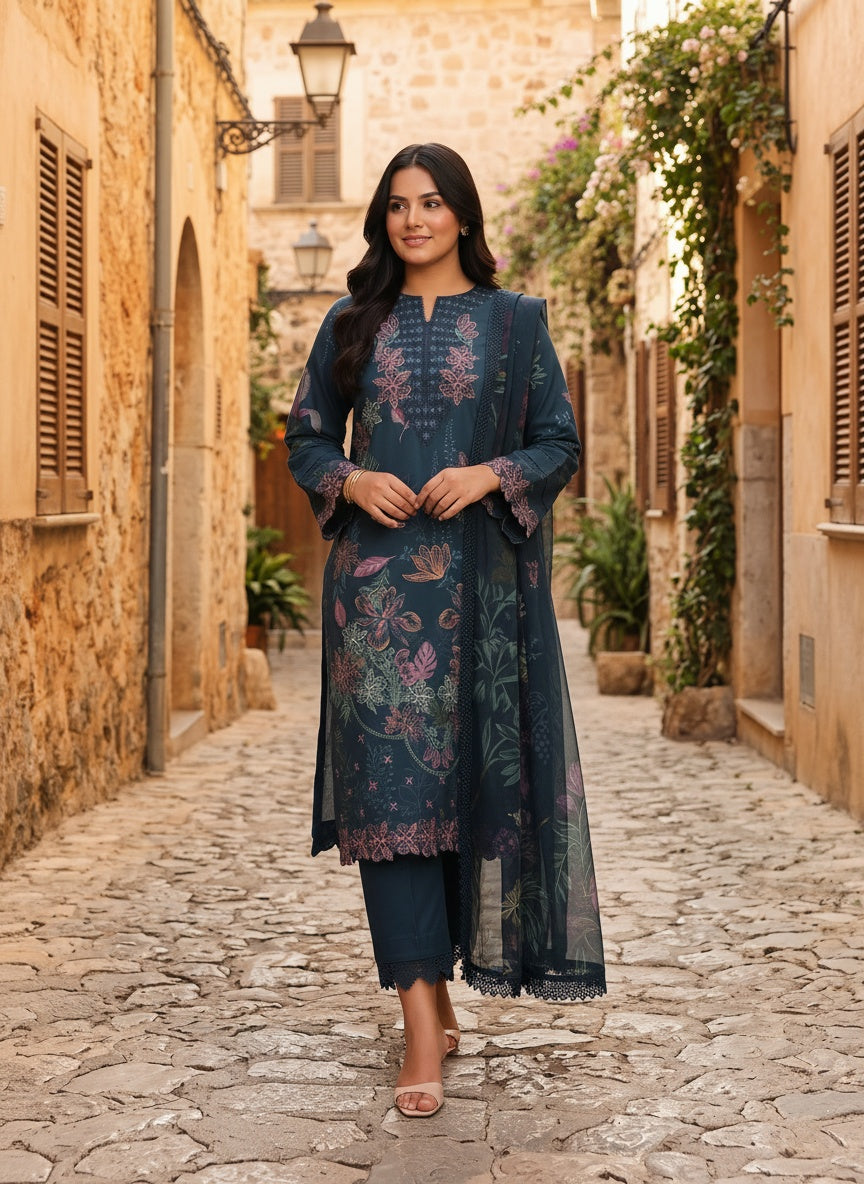 Eshal Deep Teal Printed Embroidered Lawn Suit with Chiffon Dupatta