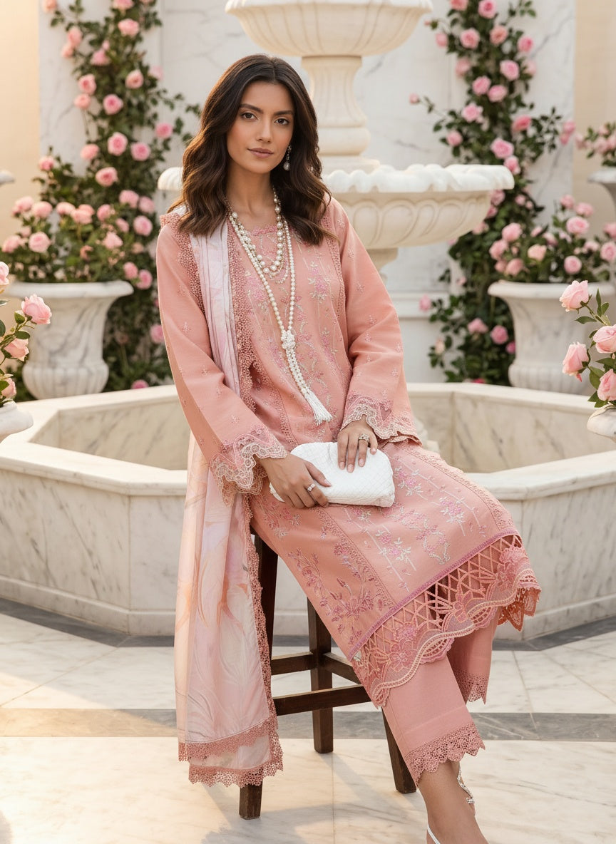 Aalen Dusty Peach Embroidered Lawn Suit with Tasser Silk Dupatta