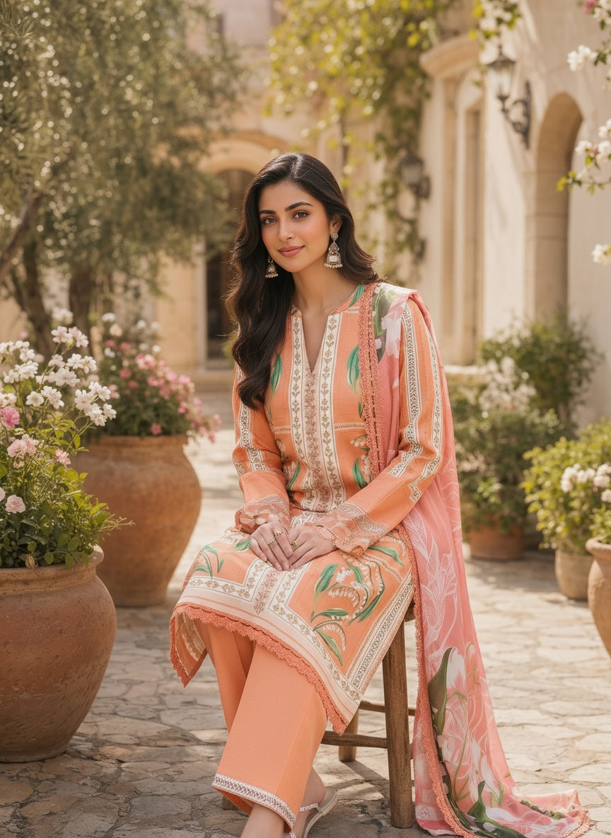 Mellow Peach Printed Lawn Suit with Silk Dupatta