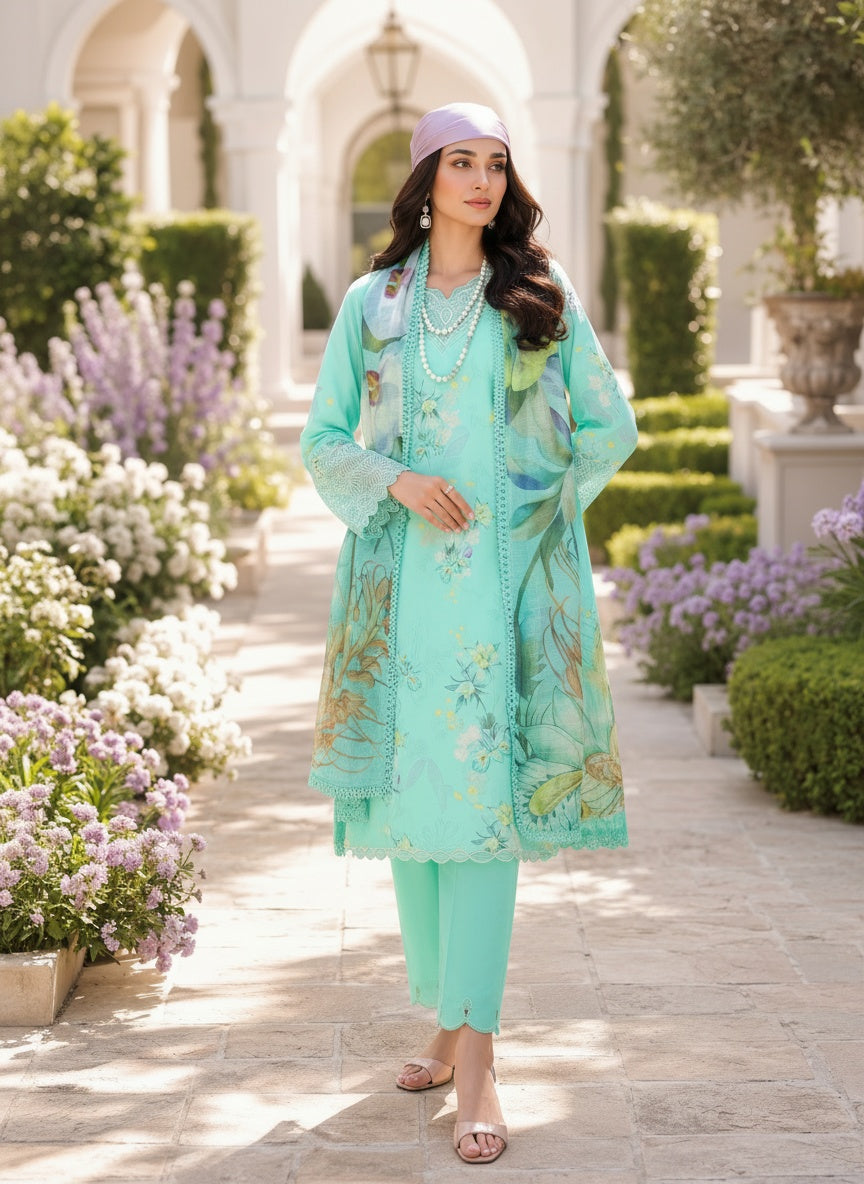 Sage Mint Printed Lawn Suit with Slub Dupatta