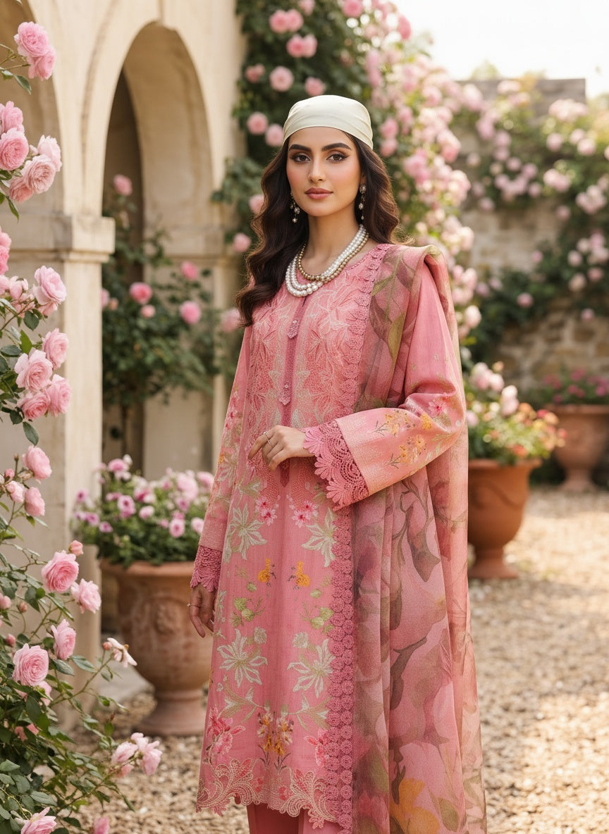 Blush Pink Printed Satin Stripe Lawn Suit with Voil Dupatta
