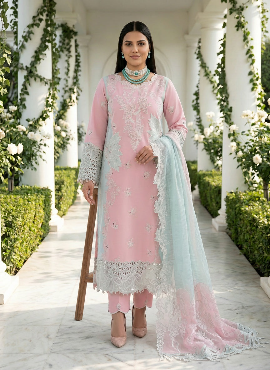Mahsa Blush Pink Embroidered Lawn Suit with Textured Dupatta