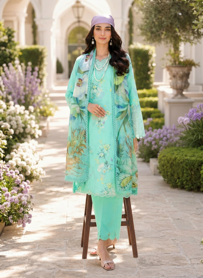 Sage Mint Printed Lawn Suit with Slub Dupatta