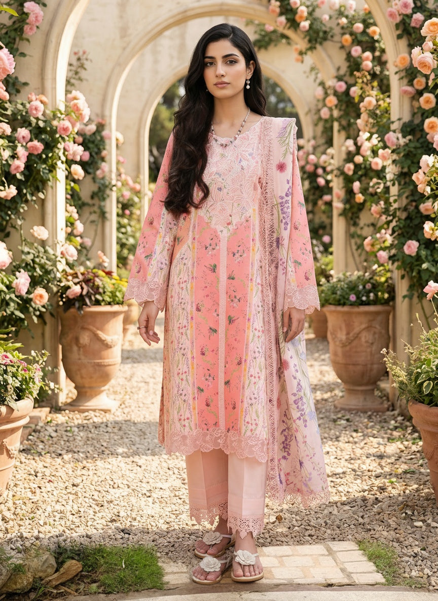 Daisy Coral Printed Satin Stripe Lawn Suit with Silk Dupatta