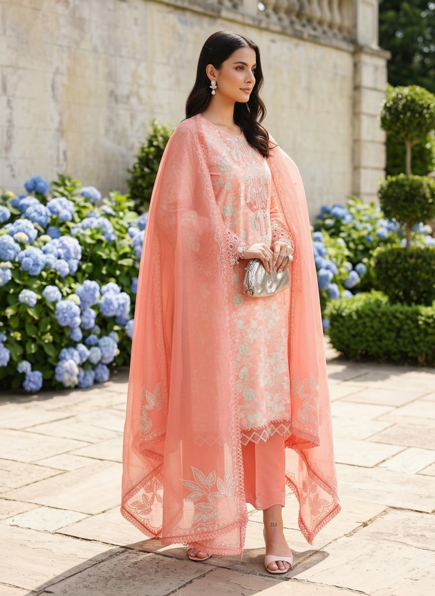 Safina Coral Printed Embroidered Lawn Suit with Embroidered Textured Dupatta