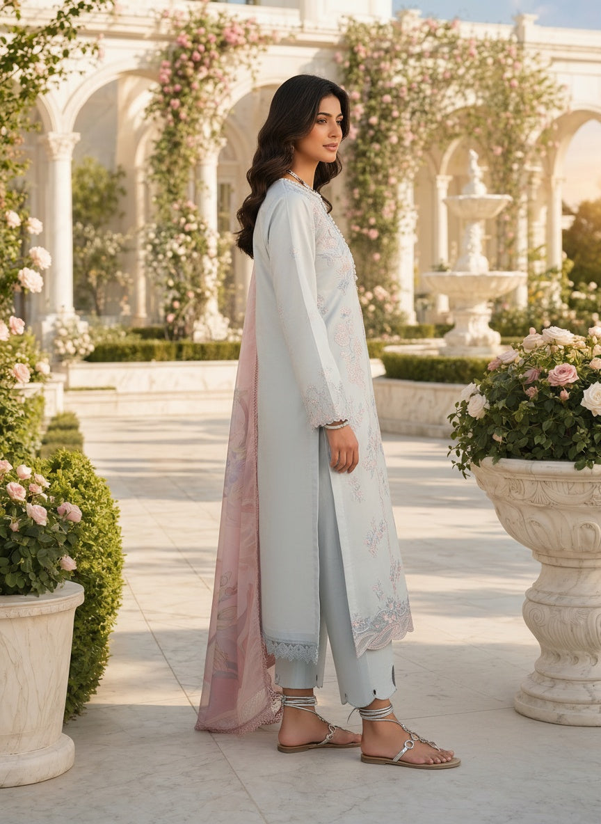 Celeste Powder Blue Embroidered Lawn Suit with Silk Dupatta