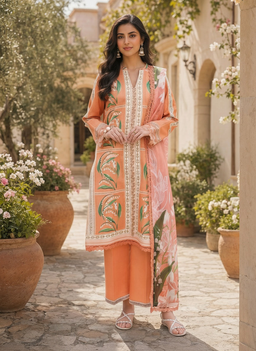 Mellow Peach Printed Lawn Suit with Silk Dupatta