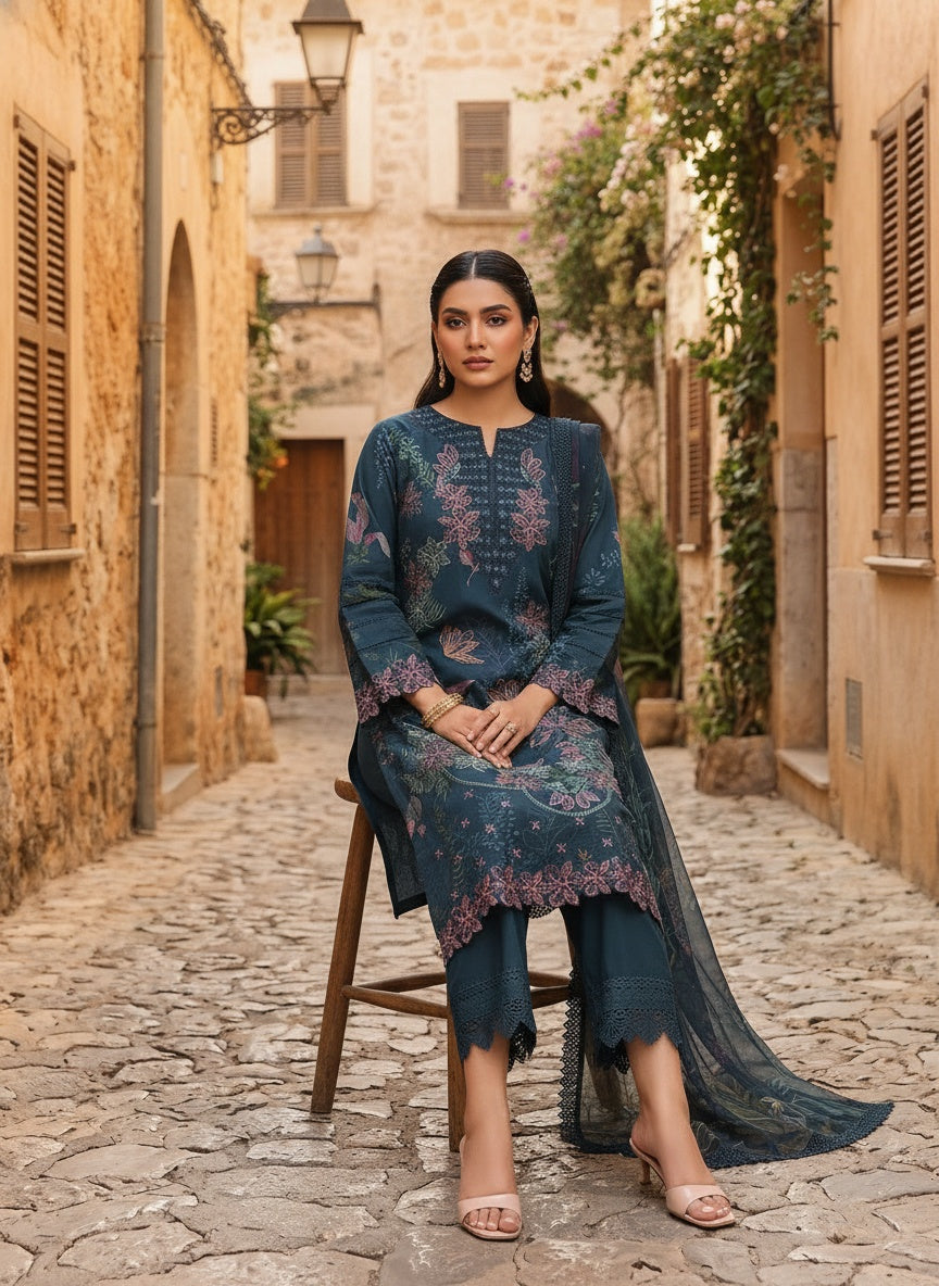 Eshal Deep Teal Printed Embroidered Lawn Suit with Chiffon Dupatta