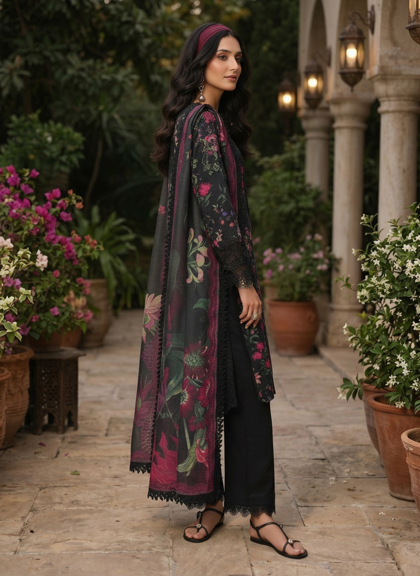 Midnight Black Printed Lawn Suit with Slub Dupatta