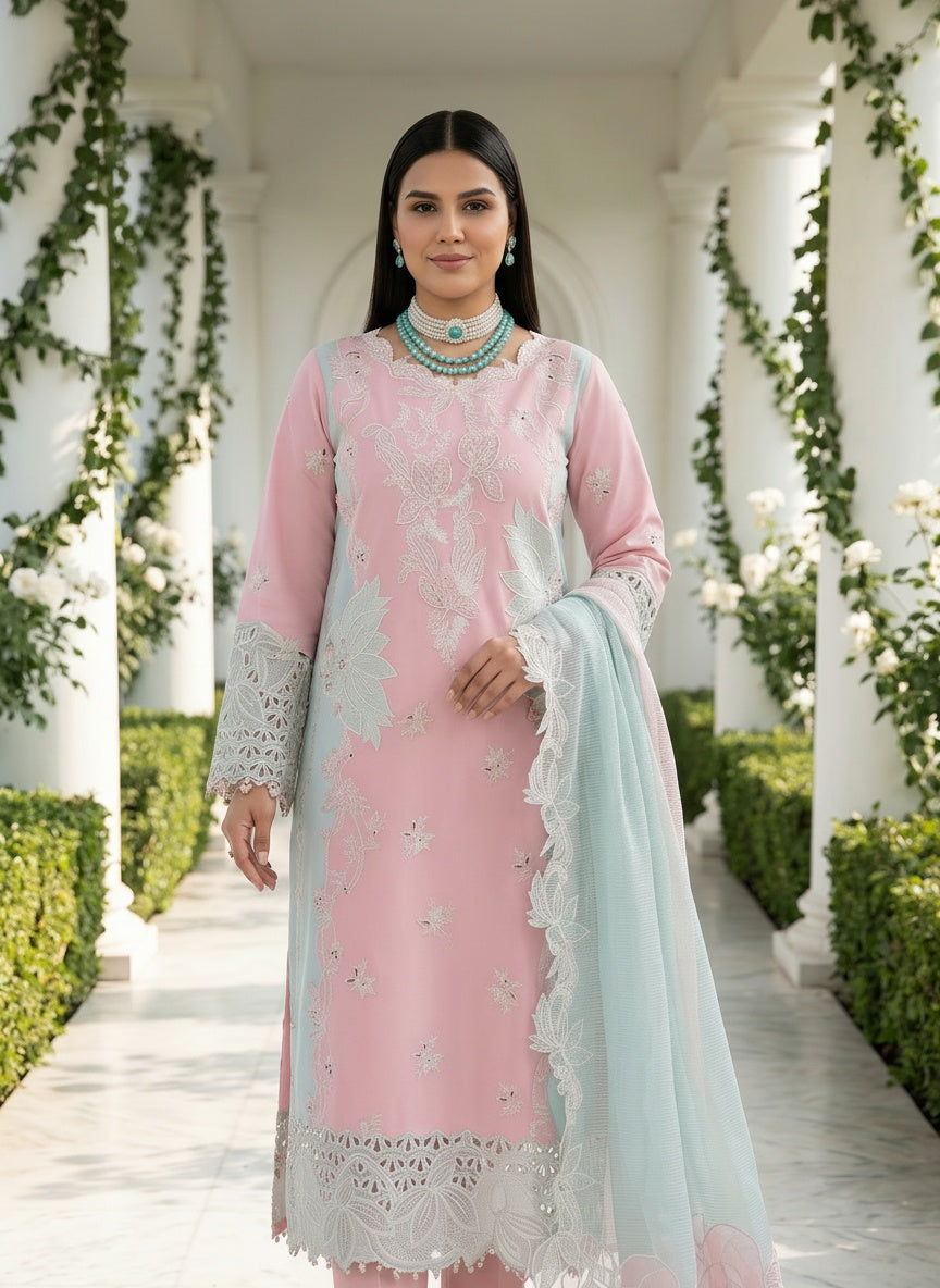 Mahsa Blush Pink Embroidered Lawn Suit with Textured Dupatta