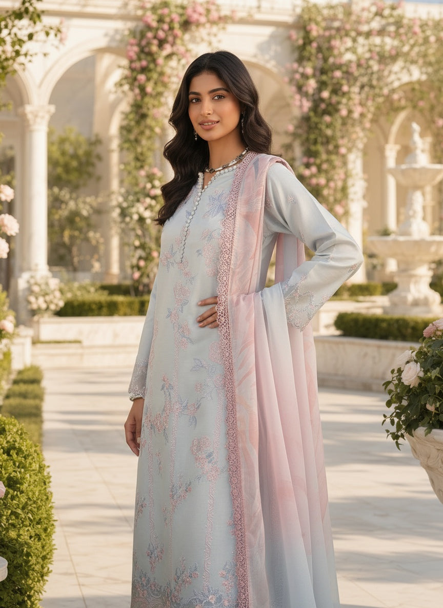 Celeste Powder Blue Embroidered Lawn Suit with Silk Dupatta