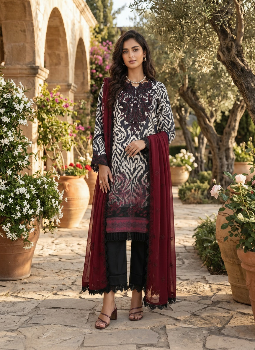 Peony Ivory & Black Printed Lawn Suit with Embroidered Chiffon Dupatta