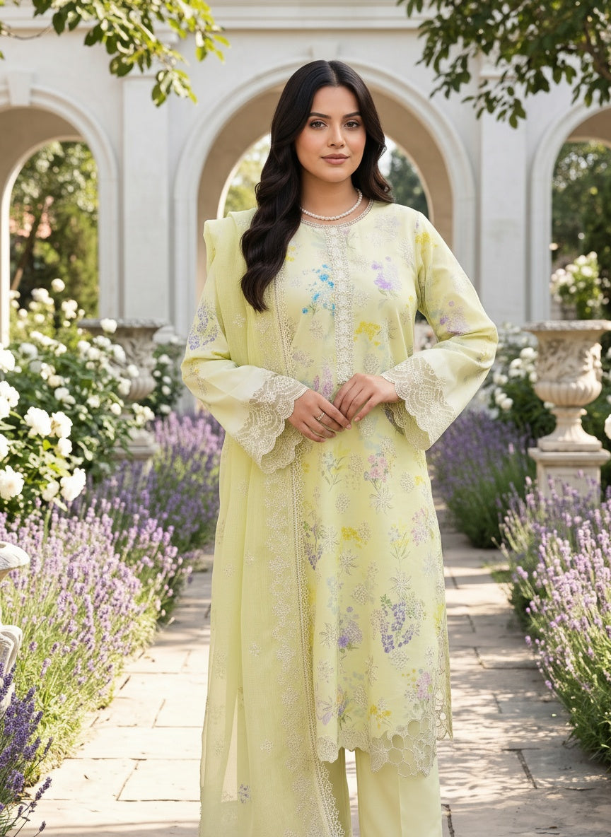 Misha Soft Lime Printed Embroidered Lawn Suit with Embroidered Dupatta