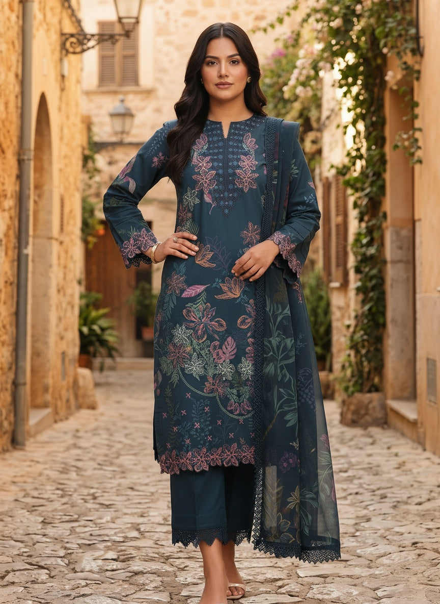 Eshal Deep Teal Printed Embroidered Lawn Suit with Chiffon Dupatta