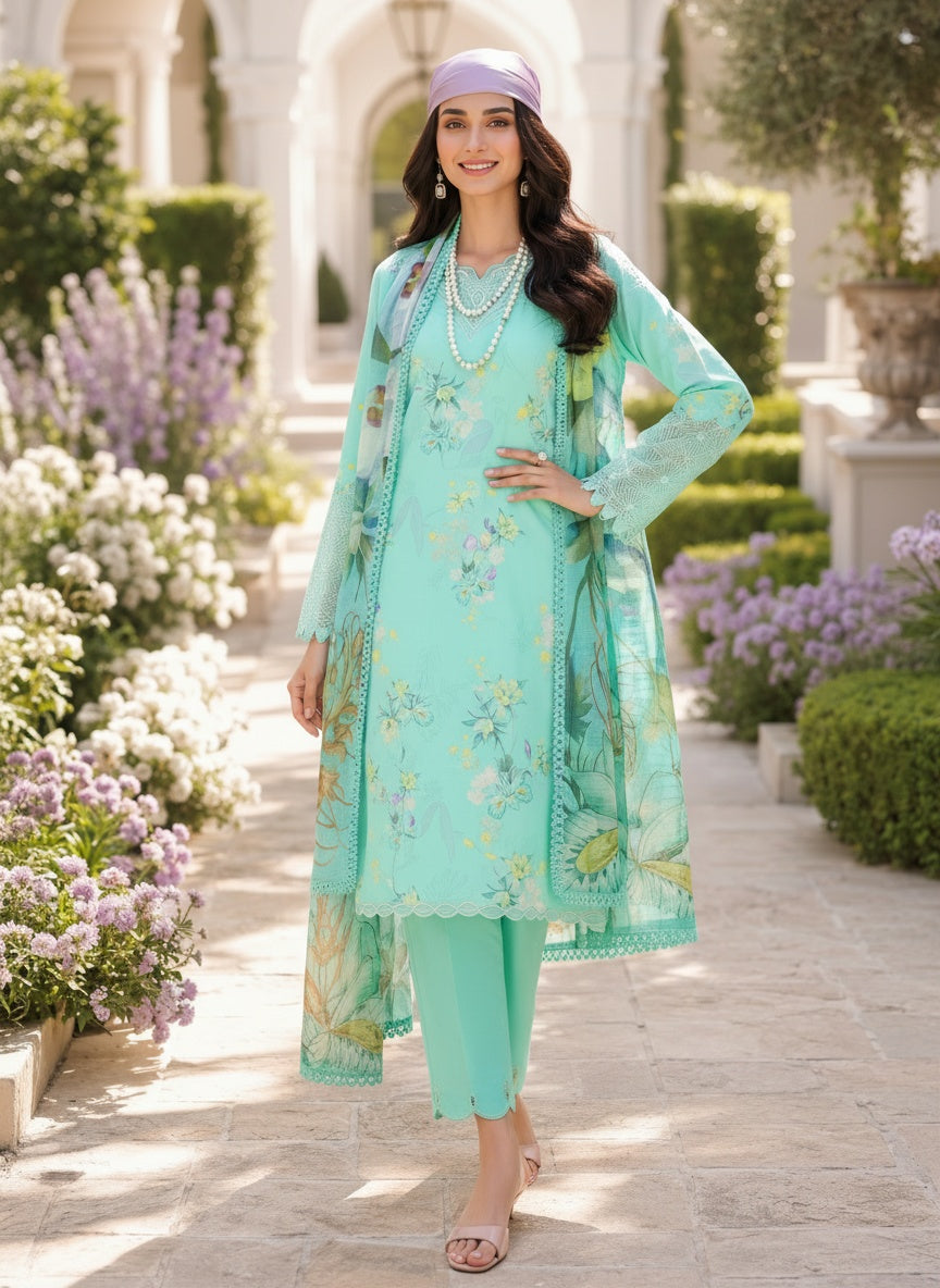 Sage Mint Printed Lawn Suit with Slub Dupatta
