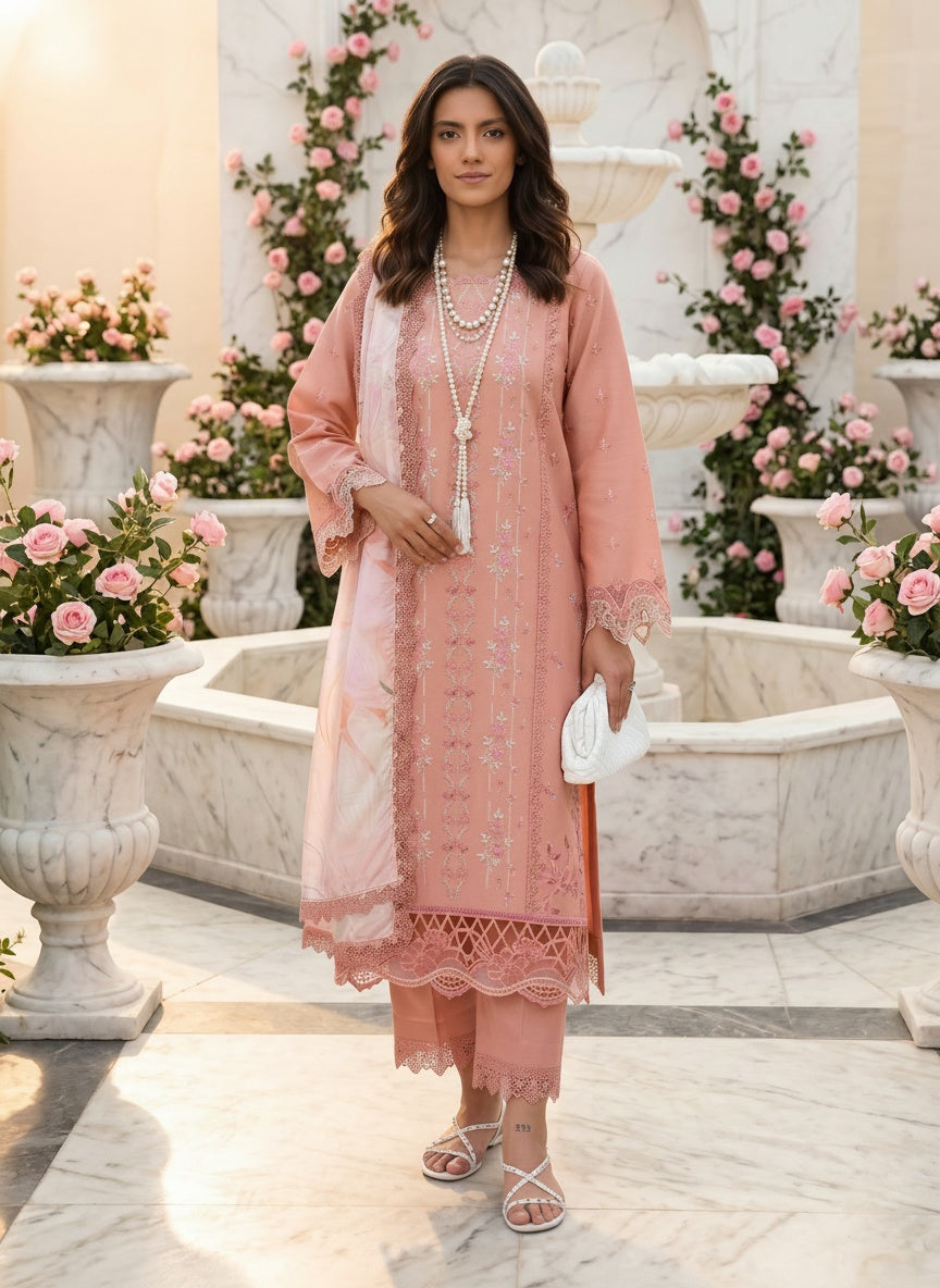 Aalen Dusty Peach Embroidered Lawn Suit with Tasser Silk Dupatta