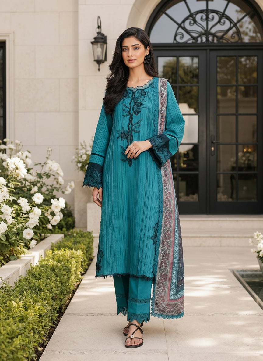 Rosemary Teal Printed Lawn Suit with Chiffon Dupatta