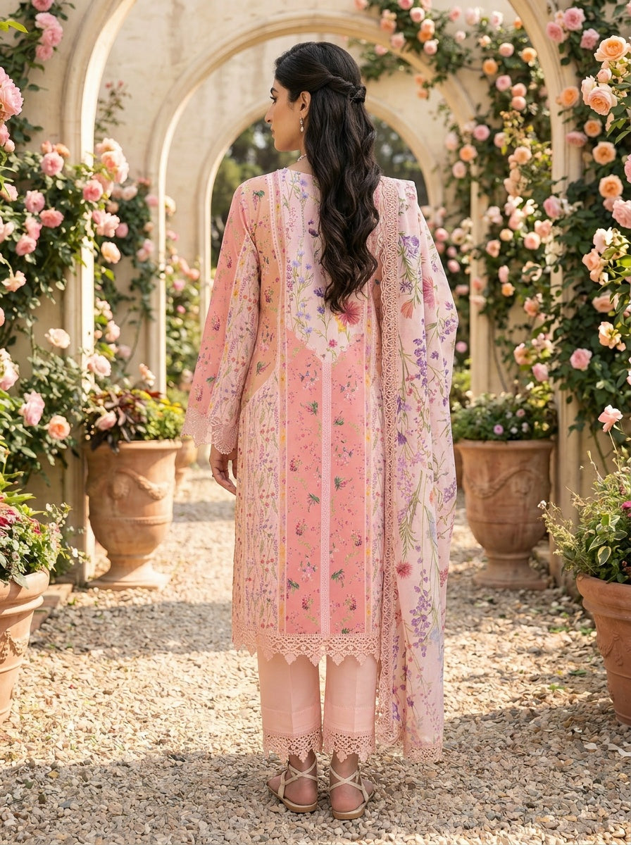 Daisy Coral Printed Satin Stripe Lawn Suit with Silk Dupatta