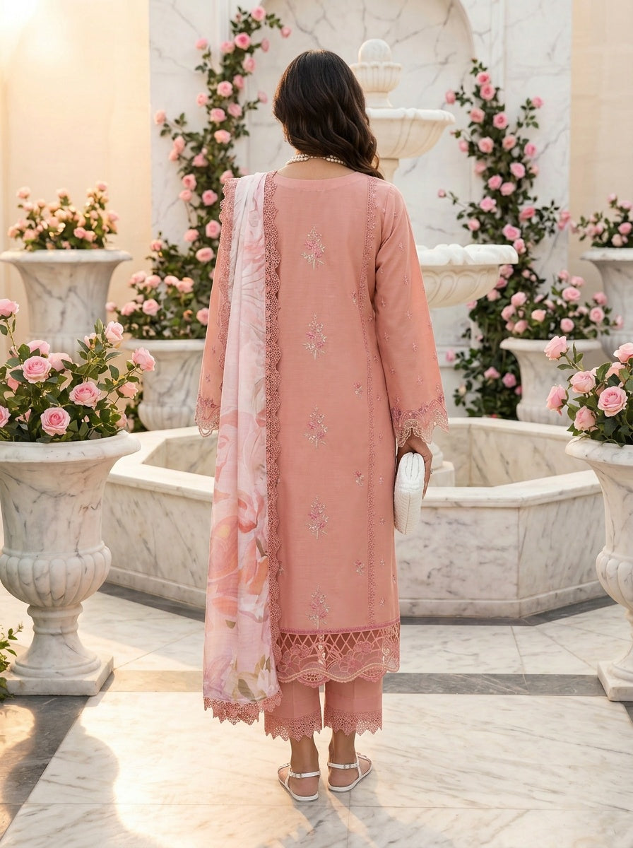 Aalen Dusty Peach Embroidered Lawn Suit with Tasser Silk Dupatta